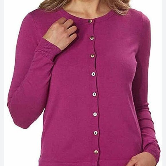Lands' End Fuchsia Cotton Blend Crewneck Cardigan Sweater Size L - Picture 3 of 5